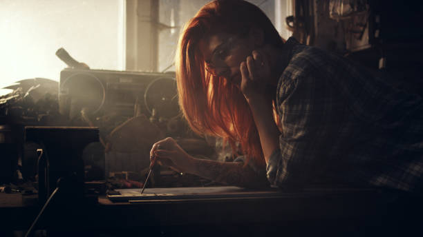 istock Female mechanic in a workshop. Drawing. 1083726788