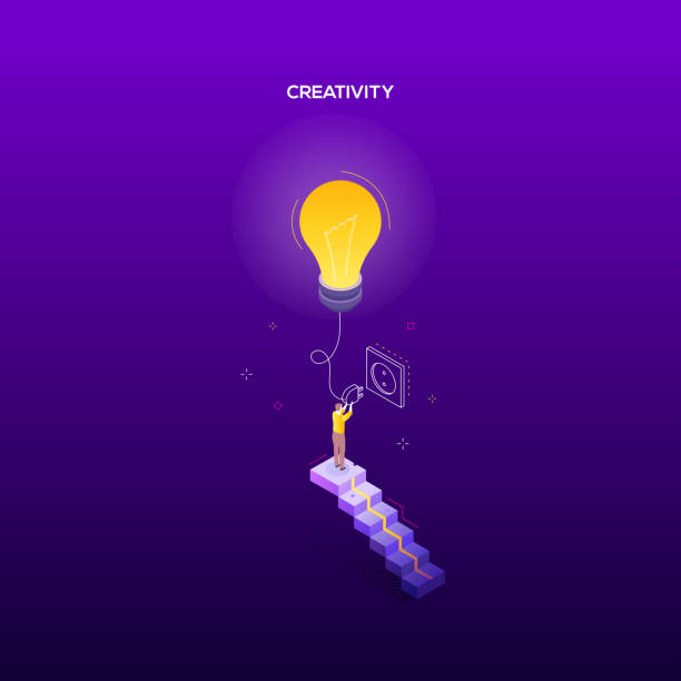 Creativity concept - modern isometric vector web banner Creativity concept - modern isometric vector web banner on dark purple background. High quality colorful composition with businessman, worker standing on the staircase, switching on a lightbulb electric plug dark stock illustrations