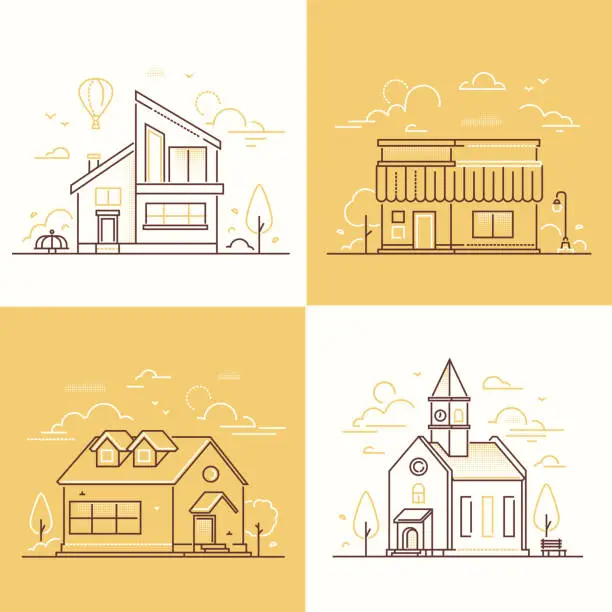 Vector illustration of Town architecture - set of thin line design style vector illustrations