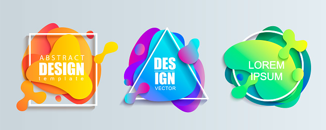 Set of liquid gradient color abstract geometric shapes.Modern banner with fluid design.Circle, triangle and square frames with wavy brighr splashes.Ready template for web, print, covers, design.