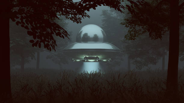 istock Silver UFO Hovering in a Grassy Wooded Clearing with a Beam of Light 1083733426