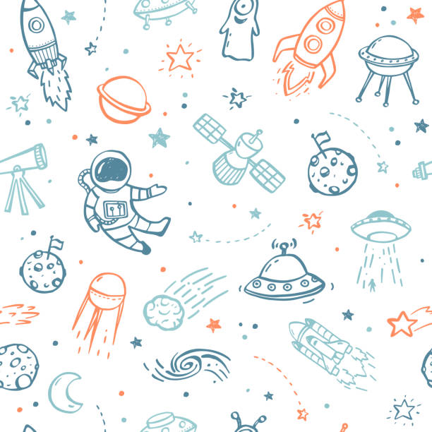 Space Seamless Pattern Seamless pattern made of hand drawn doodles - UFO's, aliens, planets and spacecrafts. rocketship patterns stock illustrations
