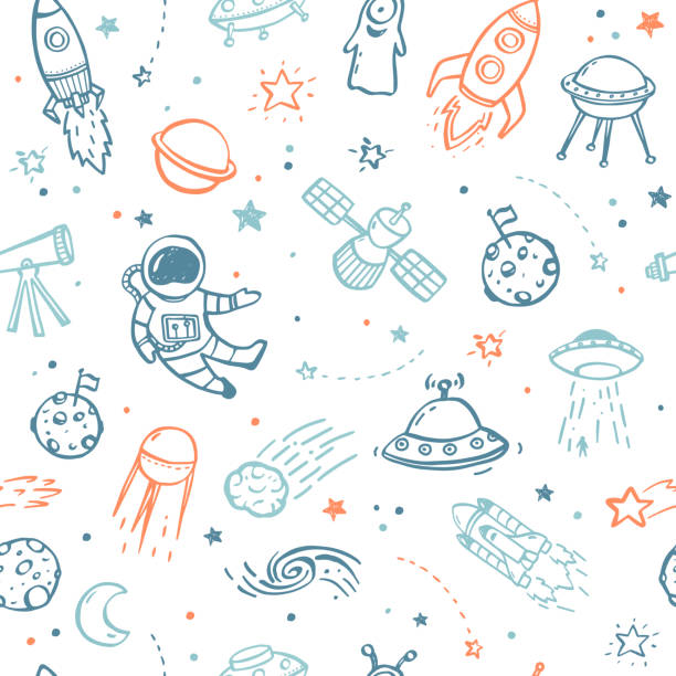 Space Seamless Pattern Seamless pattern made of hand drawn doodles - UFO's, aliens, planets and spacecrafts. astronaut in outer space stock illustrations