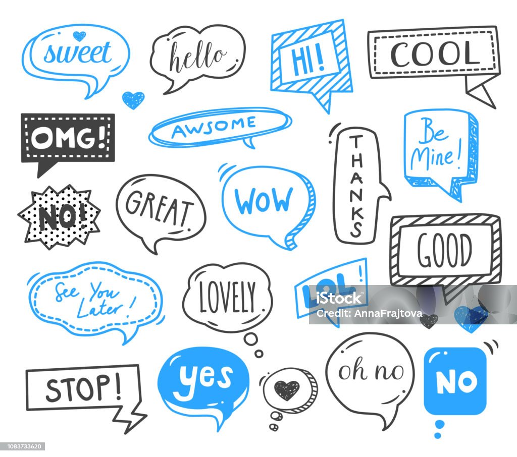 Speech Bubbles - Doodles Speech bubbles drawn by hand - doodles. Dialog words, conversation phrases. Arrow - Bow and Arrow stock vector