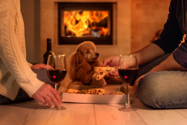 Young couple have romantic dinner with pizza and wine over fireplace background.