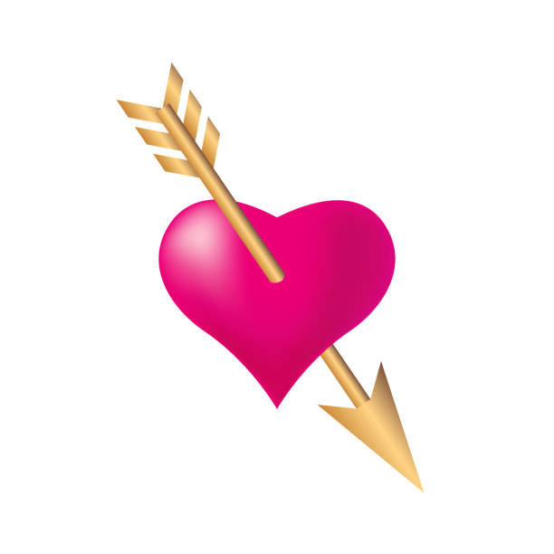 стилизованное сердце, пронзеное золотой стрелой купидона - cupid love red affectionate stock illustrations