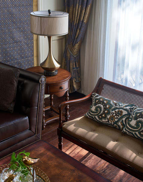istock Luxurious wooden sofa with metal lamp scene 1083738322