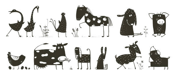 ilustraciones, imágenes clip art, dibujos animados e iconos de stock de colección de animales domésticos - dibujo-de-vaca