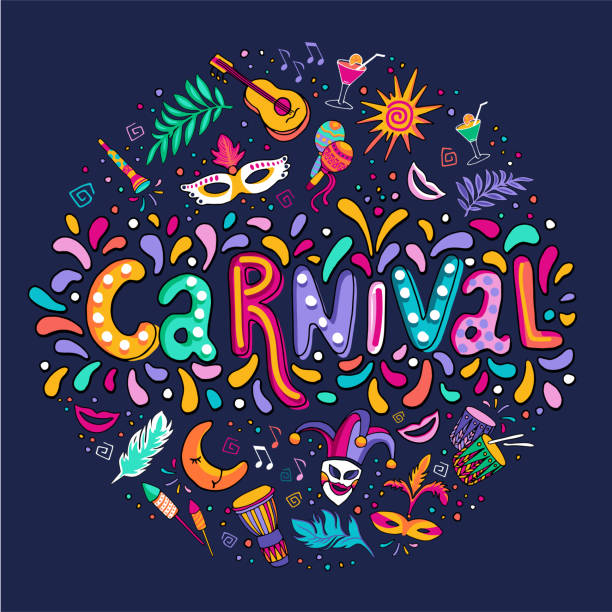 ilustraciones, imágenes clip art, dibujos animados e iconos de stock de vector dibujado a mano letras de carnaval. carnaval título con elementos de fiesta colorido, confeti, brasil samba dansing - vector costume party feather