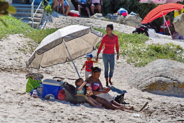 bunte sonnenschirme am strand - cape town beach crowd people stock-fotos und bilder