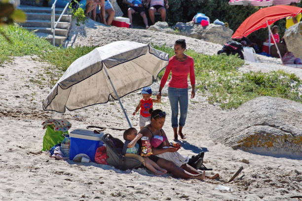 guarda-chuvas coloridos na praia - cape town beach crowd people - fotografias e filmes do acervo