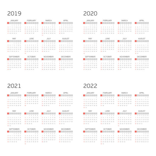 Vector calendar on 2019 2020 2021 2022. Calendar for years 2019, 2020, 2021 and 2022. Week starts from Sunday. Vector calendars Template. Basic grid. Simple calendar Layout 2019 stock illustrations