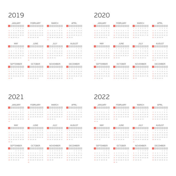 Vector calendar on 2019 2020 2021 2022. Calendar for years 2019, 2020, 2021 and 2022. Week starts from Sunday. Vector calendars Template. Basic grid. Simple calendar Layout 2019 stock illustrations