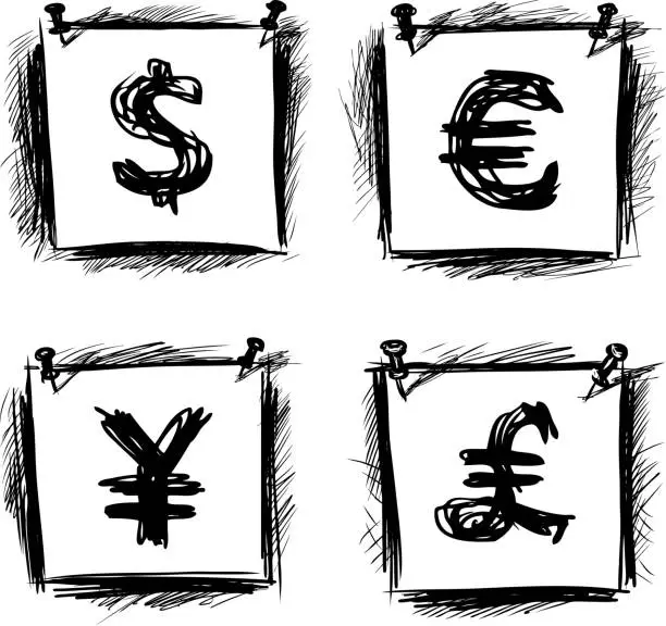 Vector illustration of Sketches of currency symbols on notepaper sheets