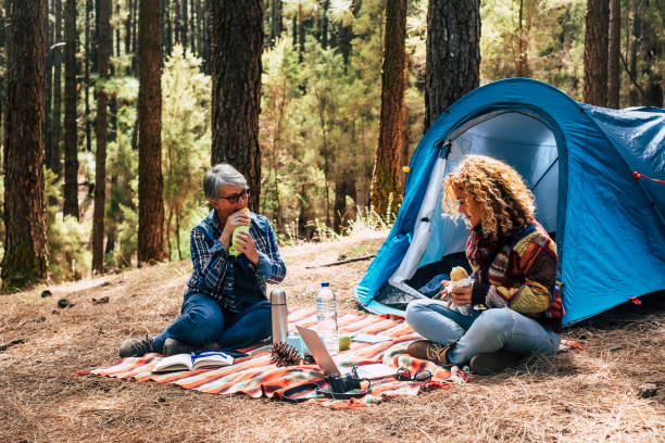 two different ages caucasian woman in free camping together in the pines forest eating a sandwich - freedom and independence for adult people - alternative office for freelance writer blogger photographer - camping tent offspring 60s imagens e fotografias de stock