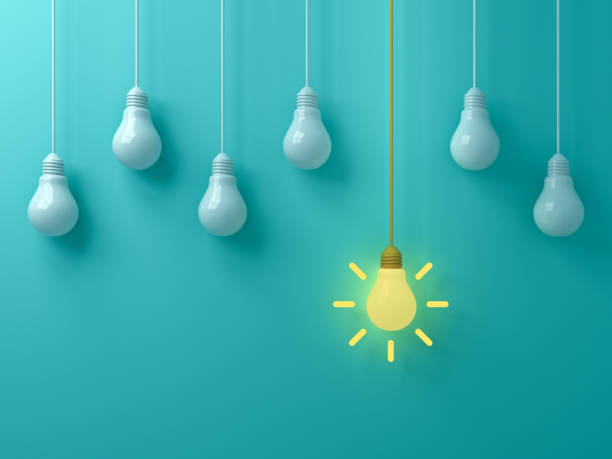 Think different concept One hanging yellow idea light bulb standing out from white unlit bulbs on blue green pastel color background leadership and individuality creative idea concepts 3D rendering