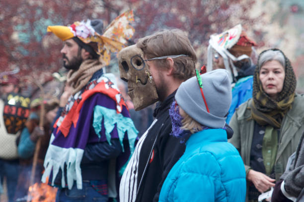 Philadelphia, PA, USA - December 15, 2018: Revelers participate in the annual Krampuslauf and Parade of Spirits in the Northern Liberties neighborhood of Philadelphia.