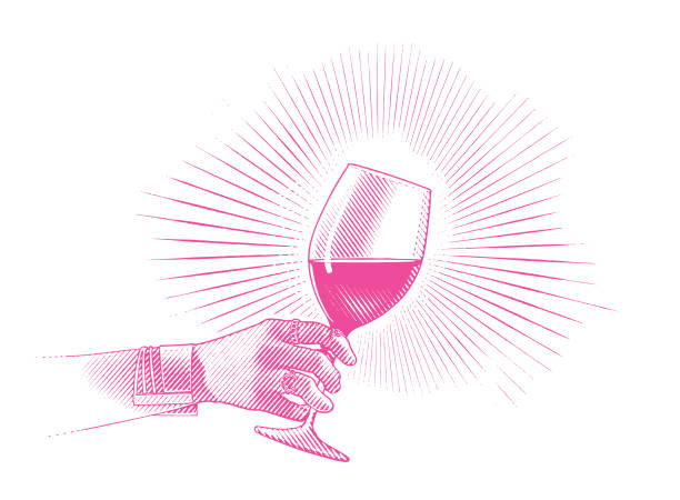 Close up of glass of wine and woman's hand Engraving illustration Close up of glass of wine and woman's hand rosé stock illustrations