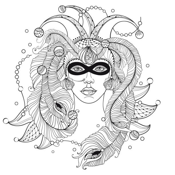 概要ピエロ キャップ、マスク、孔雀の羽、華やかな首輪、白い背景に分離された黒のビーズでベクトル少女顔。 - carnival mardi gras mask peacock点のイラスト素材／クリップアート素材／マンガ素材／アイコン素材