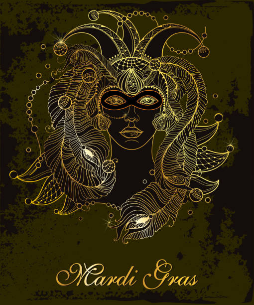 векторный плакат с женским лицом в контурной клоунской шапке, маске, золотых павлиньих перьях, богато�м воротнике и бисере на черном фоне. - carnival mardi gras mask peacock stock illustrations