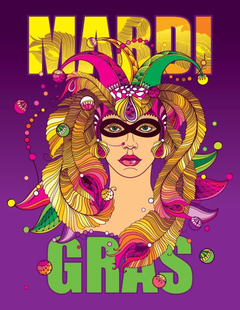 illustrazioni stock, clip art, cartoni animati e icone di tendenza di cartello vettoriale con faccia da donna in berretto da clown contorno, maschera, piume di pavone dorato, colletto decorato e perline colorate sullo sfondo viola. - mardi gras carnival peacock mask