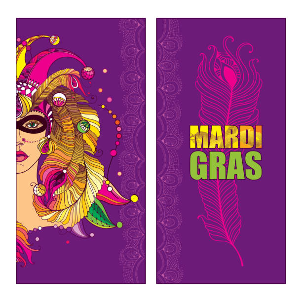 벡터 소녀 얼굴 개요 광대 모자, 마스크, 황금 공작 새 깃털, 화려한 칼라와 보라색 바탕에 화려한 구슬에 초대. - mardi gras carnival peacock mask stock illustrations