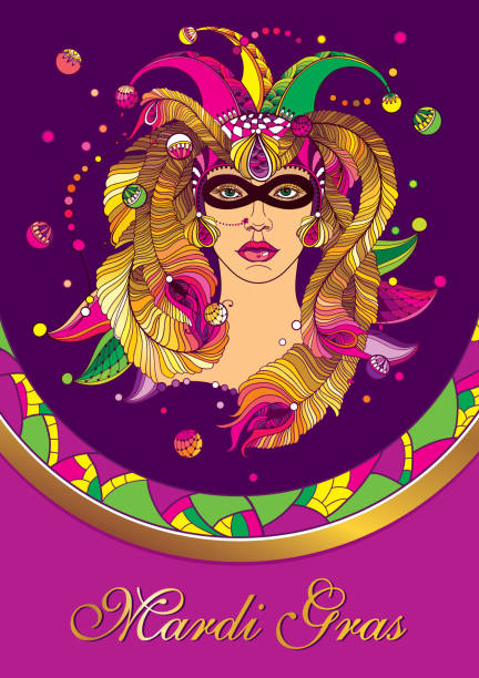 벡터 게시 개요 광대 모자, 마스크, 황금 공작 새 깃털, 화려한 칼라와 보라색 바탕에 화려한 구슬에 여자 얼굴. - mardi gras carnival peacock mask stock illustrations