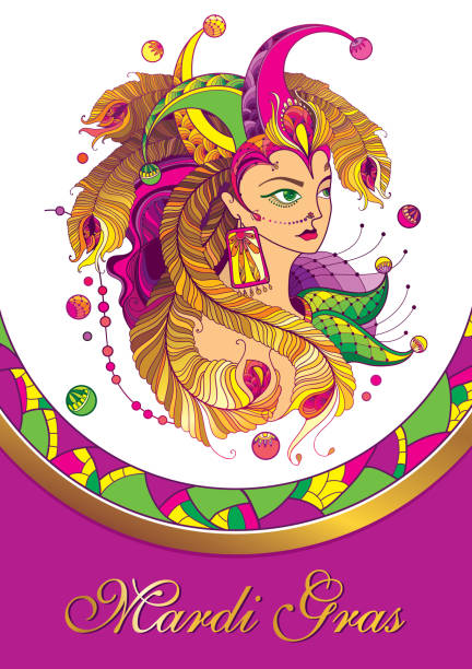 illustrazioni stock, clip art, cartoni animati e icone di tendenza di cartello vettoriale con faccia da ragazza in berretto da clown contorno, piuma di pavone dorato, colletto decorato e perline colorate sullo sfondo viola. - mardi gras carnival peacock mask