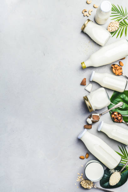 istock Dairy free milk substitute drinks and ingredients 1083766586