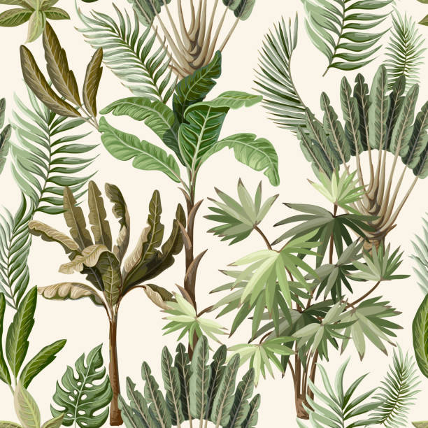 bezszwowy wzór z egzotycznymi drzewami, takimi jak nam palma i banan. wnętrze vintage tapety. - las deszczowy ilustracje stock illustrations