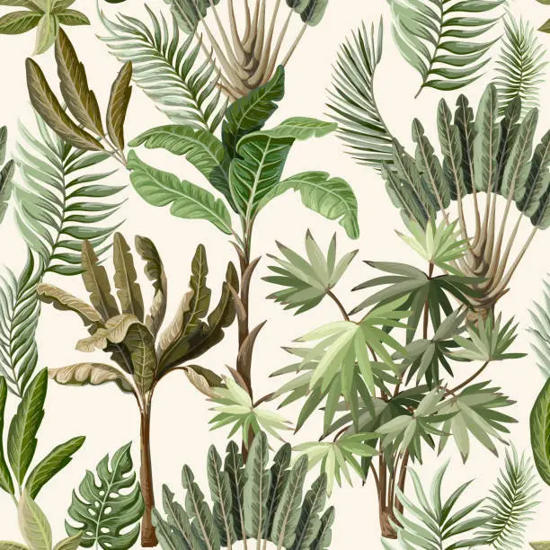 Vector illustration of Seamless pattern with exotic trees such us palm and banana. Interior vintage wallpaper.