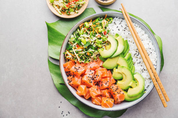 istock Poke bowl with salmon served in bowl 1083774750