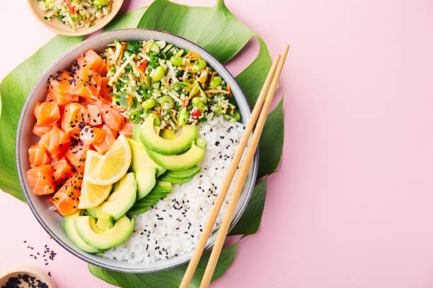istock Poke bowl with salmon served in bowl 1083774860