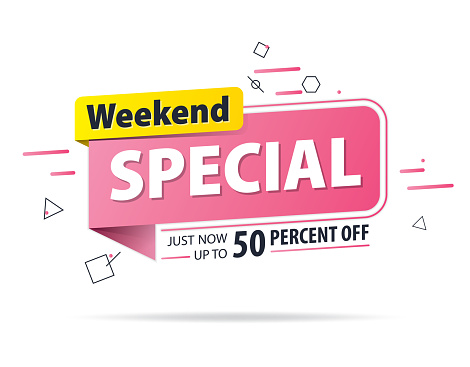 Yellow pink tag Weekend special 50 percent off promotion website banner heading design on graphic white background vector for banner or poster. Sale and Discounts Concept.