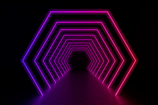 3d render  glowing lines, light tunnels, neon lights, virtual reality concept on black abstract background.