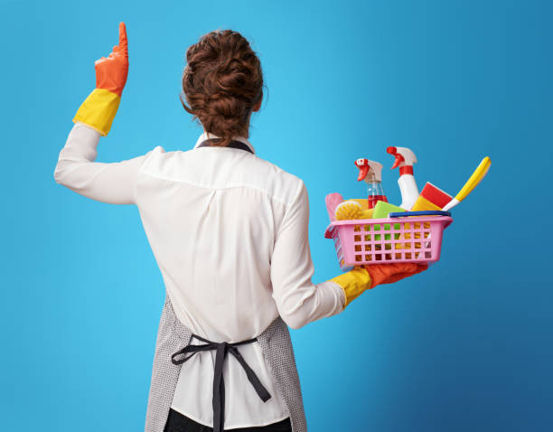 istock cleaning lady with a basket with cleansers and brushes pointing at something 1083786350
