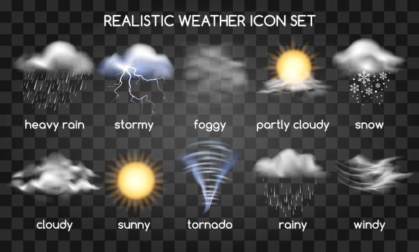 illustrazioni stock, clip art, cartoni animati e icone di tendenza di icone meteo realistiche su trasparente - rain tornado overcast storm