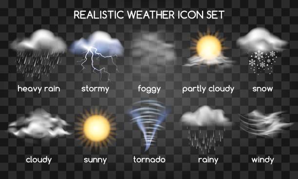 Realistic weather icons on transparent Realistic weather icons set isolated on transparent background. Vector set with type of weather overcast weather computer icon symbol stock illustrations