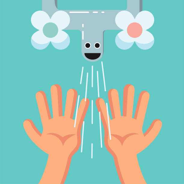 Smiling Cute washing hands of a kid, Habituate kid card or poster. Accustom card for children. Smiling Cute washing hands of a kid. Proper duties and activities kit, care concept. Flat vector illustration. water sanitation worker washing faucet stock illustrations