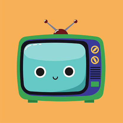 Accustom card for children. Smiling Cute Cartoon illustration of an old TV set with a happy expression. Proper duties and activities kit, care concept. Flat vector illustration.