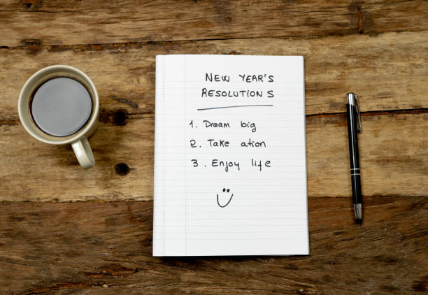istock Top View 2019 New year resolutions list with plans for new life happy face written on notepad coffee and pen on Vintage table in Dreams and Goals for happiness Aspiration and Motivation Concept. 1083789478