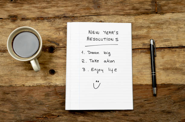 istock Top View 2019 New year resolutions list with plans for new life happy face written on notepad coffee and pen on Vintage table in Dreams and Goals for happiness Aspiration and Motivation Concept. 1083789482