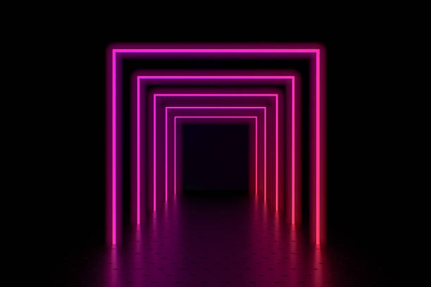3d render abstract background, glowing lines, light tunnels, neon lights, virtual reality concept. 3d render  glowing lines, light tunnels, neon lights, virtual reality concept on black abstract background. negative space illusion stock pictures, royalty-free photos & images