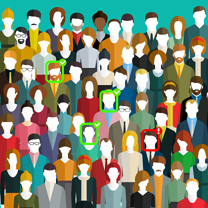 Concept of face identification. A crowd of people with ID marks on face. Face recognition system verifying suspect in the crowd. Flat design, vector illustration.