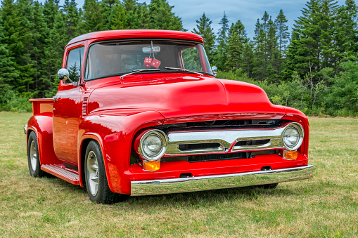 Saint John, New Brunswick, Canada - July 18, 2015: Classic 1956 American pickup truck at a local car show.