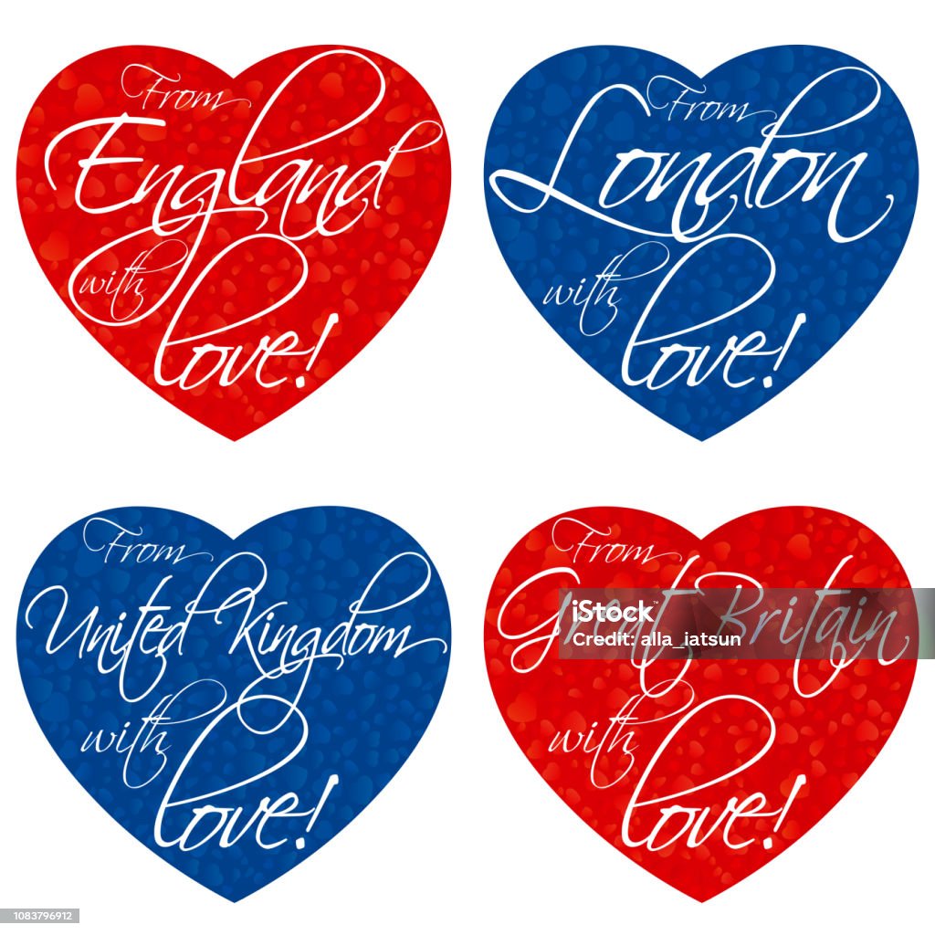 A set of hearts for souvenirs on the theme of the United Kingdom, Great Britain, England, London in the national colors. Vector A set of hearts for souvenirs on the theme of the United Kingdom, Great Britain, England, London in the national colors. Vector illustration Blue stock vector