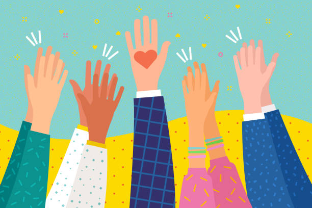 People applaud. Human hands clapping ovation. Flat design, business concept. Concept of charity. People applaud. Human hands clapping ovation. Hand holding a heart. Flat design, business concept, vector illustration cheering illustrations stock illustrations