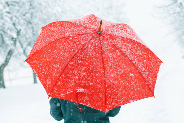 istock Woman with red umbrella standing in snow 1083798588