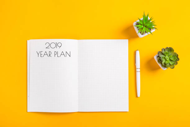 istock An open notebook in which the year plan is written, next to a white pen and two pots of succulents on a bright yellow background. Top view, flat lay 1083800168