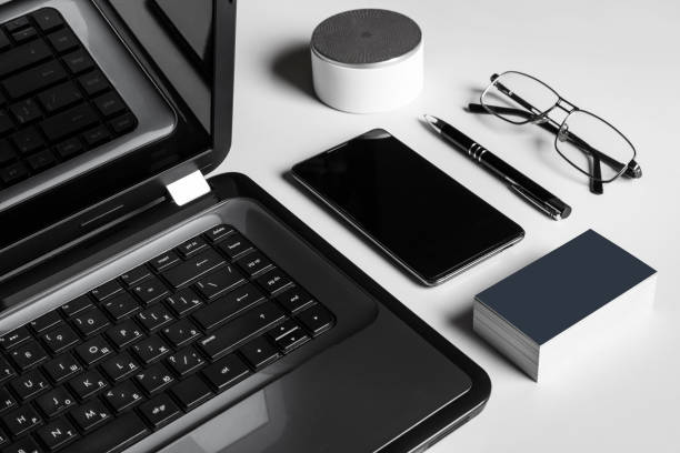 istock Stylish modern businessman workplace concept on white table 1083800434